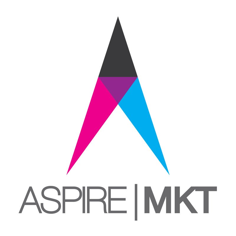 The Aspire|MKT mark: an upward-reaching A built from magenta and cyan legs meeting in purple.