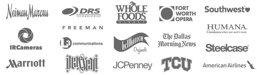 Selected client logos: Humana, Steelcase, Neiman Marcus, Whole Foods Market, JCPenney, Freeman, The Dallas Morning News, Fort Worth Opera, TCU, Southwest Airlines, American Airlines, Marriott, DRS Technologies, L3 Communications, IRCameras, and Hellkitten Originals.
